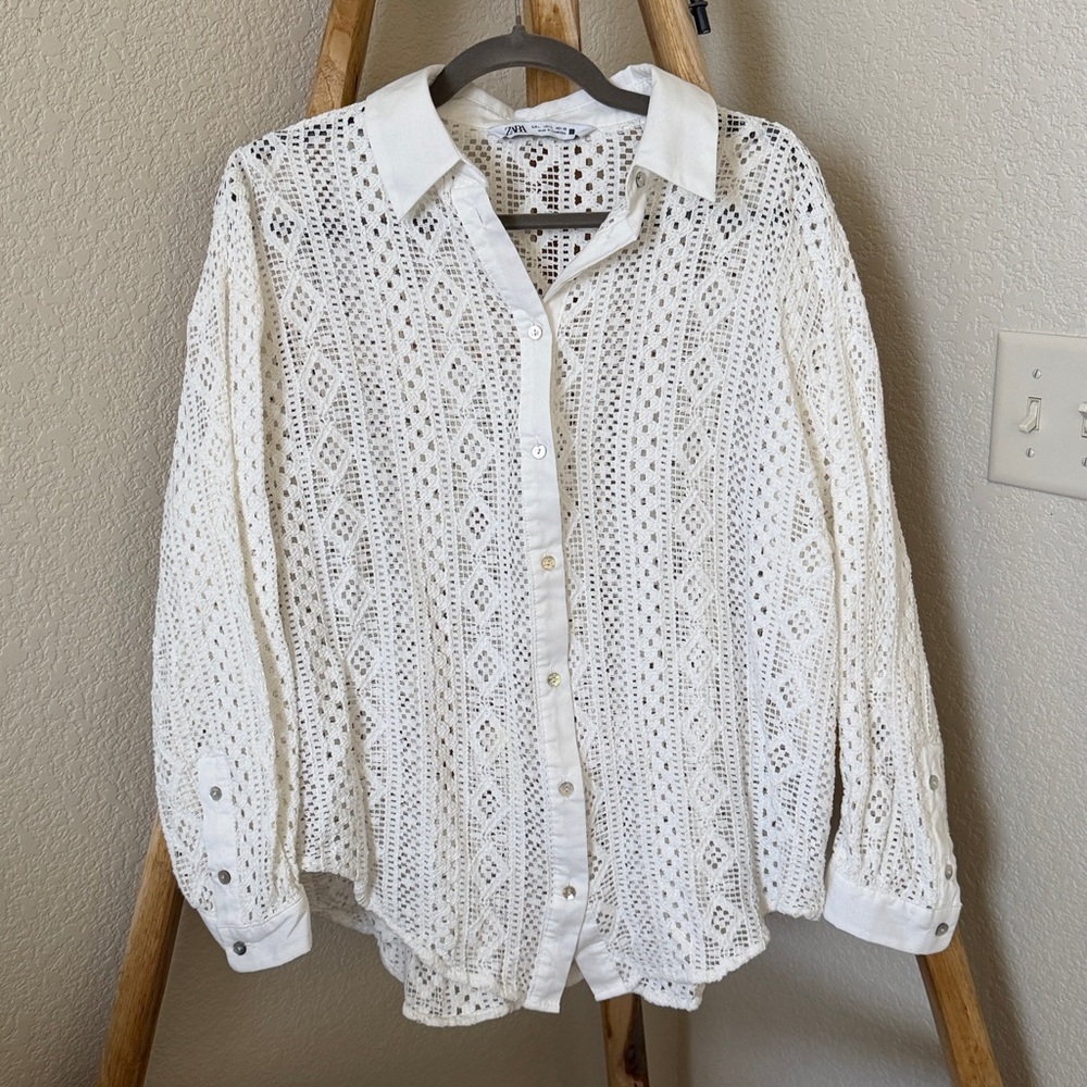 Zara White Crochet Lace Button-Down Shirt - Picture 3 of 4